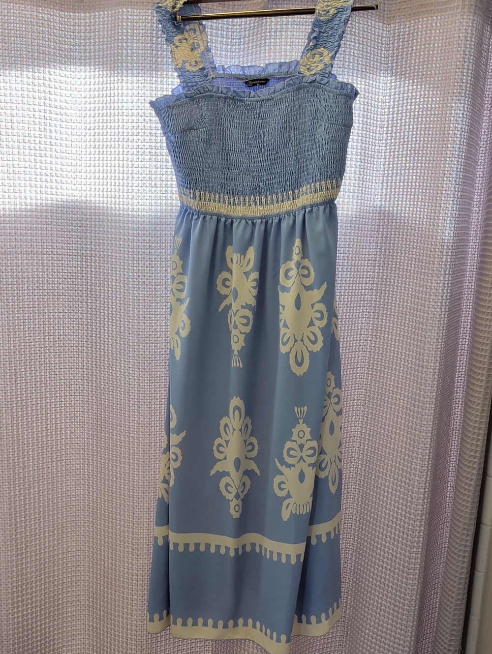 Smocked Light Blue Maxi Dress with Cream Motifs